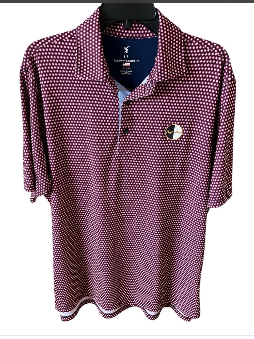 Fairway & Greene Men's L Burgundy Geometric Starburst Golf Polo Shirt Half Moon